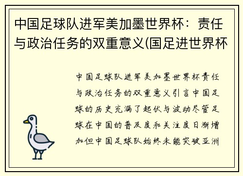 中国足球队进军美加墨世界杯：责任与政治任务的双重意义(国足进世界杯希望很大)