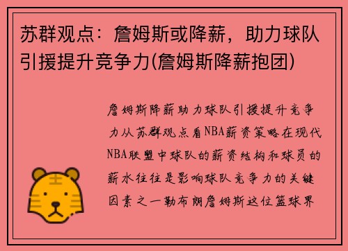 苏群观点：詹姆斯或降薪，助力球队引援提升竞争力(詹姆斯降薪抱团)