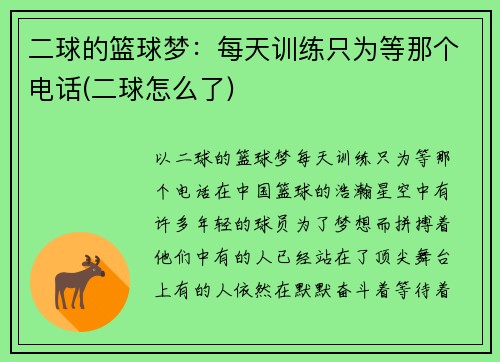 二球的篮球梦：每天训练只为等那个电话(二球怎么了)