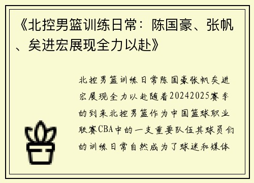 《北控男篮训练日常：陈国豪、张帆、矣进宏展现全力以赴》